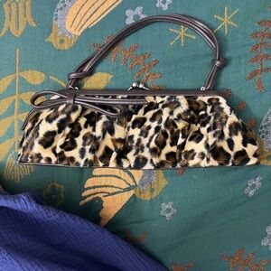 Apostrophe Leopard Print Faux Fur Clutch with Brown Accents